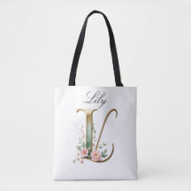 Bolsa Tote Personalizada com Letra Floral em Ouro