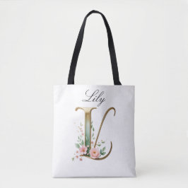 Bolsa Tote Personalizada com Letra Floral em Ouro