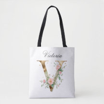Bolsa Tote Personalizada com Letra V Floral em Our