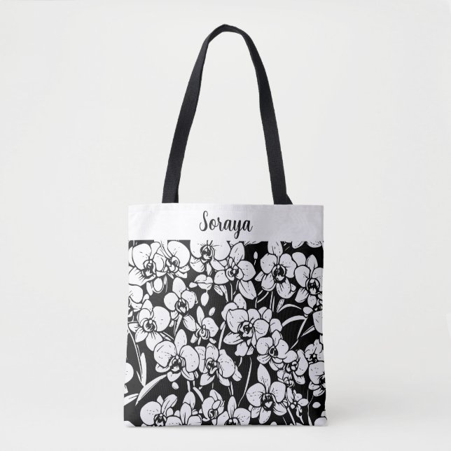 bolsa tote personalizada de orquídeas preto e bran (Frente)