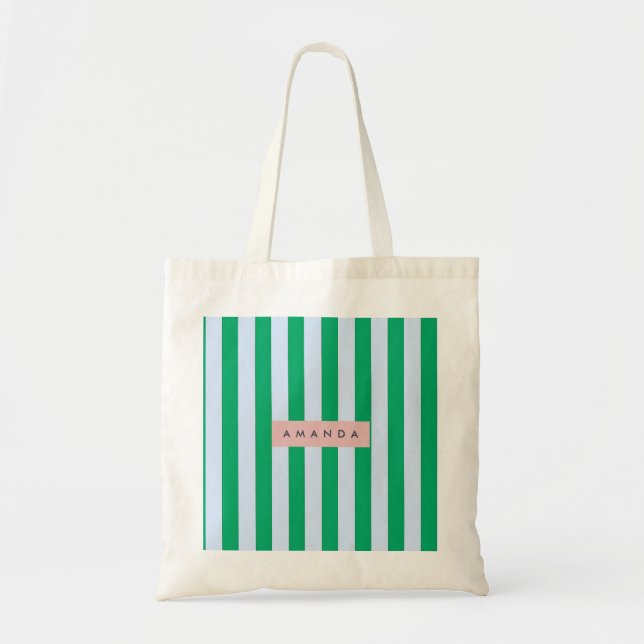 Bolsa Tote Personalizado Clássico Listrado de Verde e Branco (Frente)