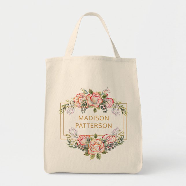 Bolsa Tote Personalizado Elegante Floral Feminino Chic com Aq (Frente)