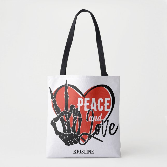Bolsa Tote Personalizado Esqueleto Moderno Mão Paz e Amor (Frente)