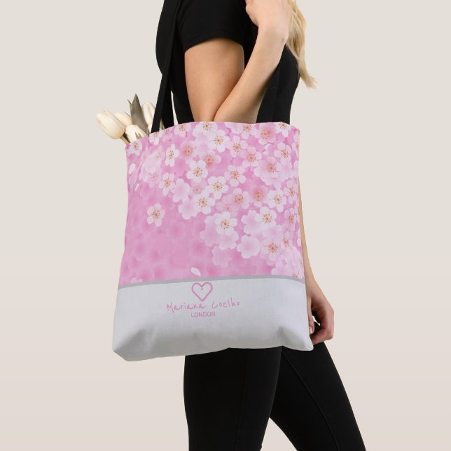 Bolsa Tote Personalizar com seu Nome e Cidade ♥Sakura Floral (Close Up)
