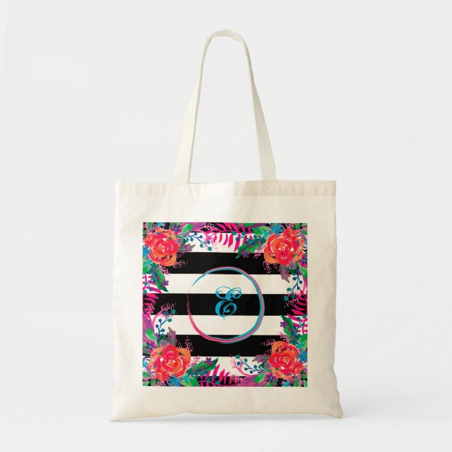 Bolsa Tote personalizar floral listrado com limite (Frente)