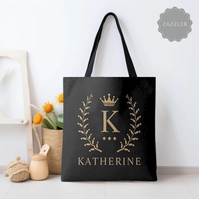 Bolsa Tote Personalizar o nome e o monograma Dourado preto in (Customize Name & Initial Black White Gold Monogram Tote Bag)
