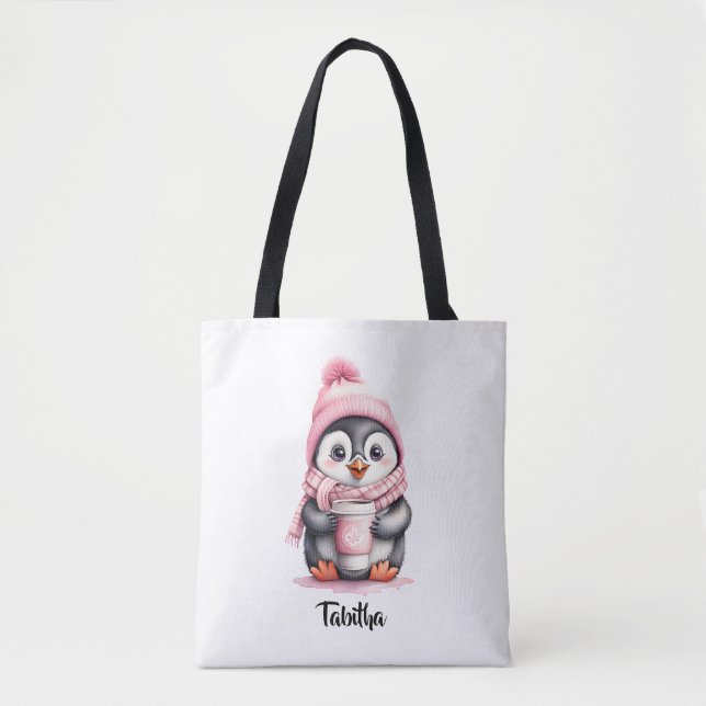 Bolsa Tote Personalize o Natal do Pinguim Rosa Bonito (Frente)