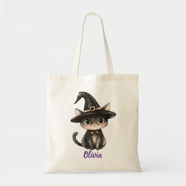 Bolsa Tote Personalized Black Cat Trick-or-Treat Bag (Frente)