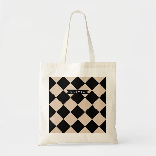 Bolsa Tote Personalized Black Harlequin Checkered Diamond (Frente)