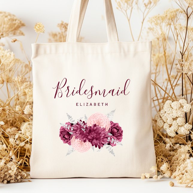 Bolsa Tote Personalized Bridesmaid Floral Burgundy Blush (Criador carregado)