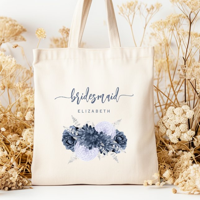 Bolsa Tote Personalized Bridesmaid Floral Dusty Blue Script (Criador carregado)
