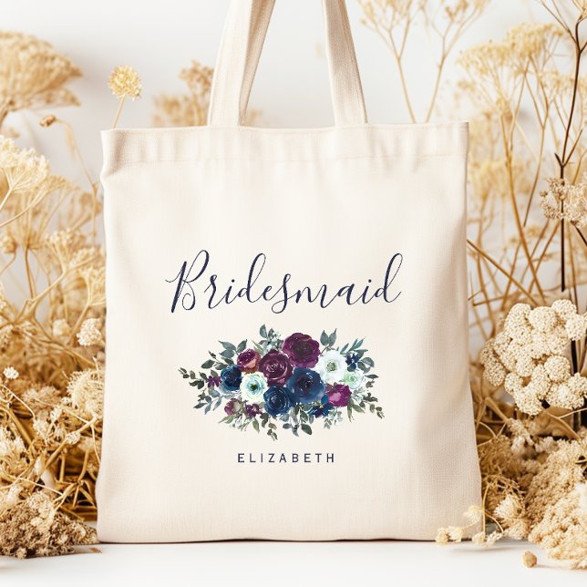 Bolsa Tote Personalized Bridesmaid Floral Navy Blue Purple (Criador carregado)