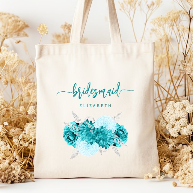 Bolsa Tote Personalized Bridesmaid Floral Turquoise Silver (Criador carregado)