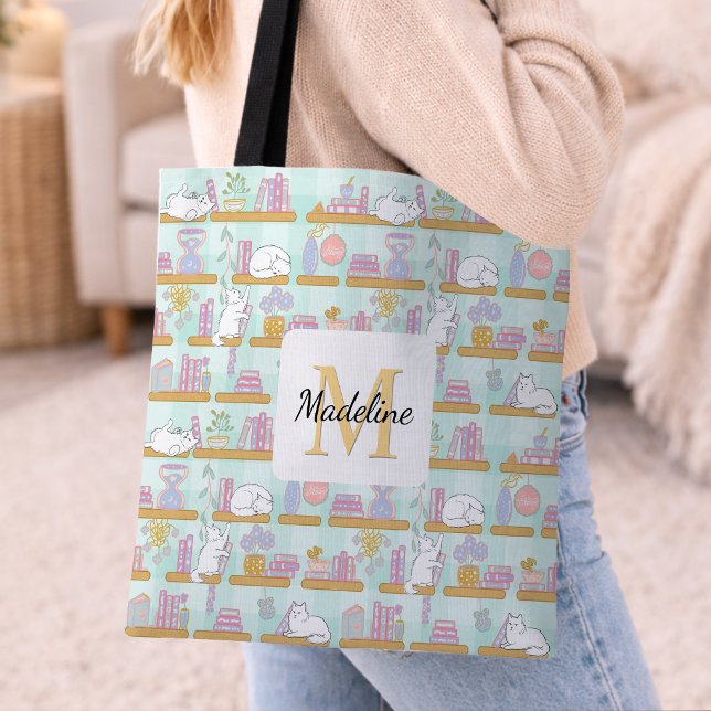 Bolsa Tote Personalized Cats Library Book Girly Mint Green (Criador carregado)