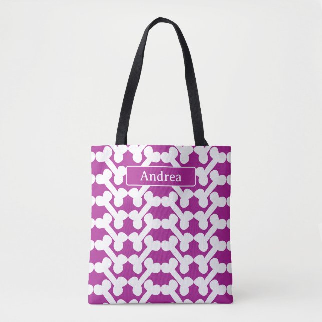 Bolsa Tote Personalized Dog Bone Pattern Pink White Modern (Frente)