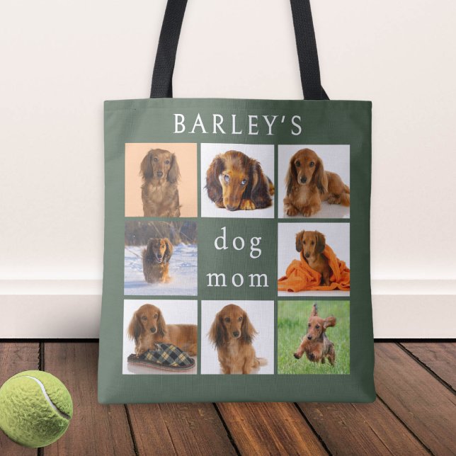 Bolsa Tote Personalized Dog Mom 8-Photo Collage Sage Green (A stylish, sage green tote bag for the 'dog mom', with personalized pet photo collage)