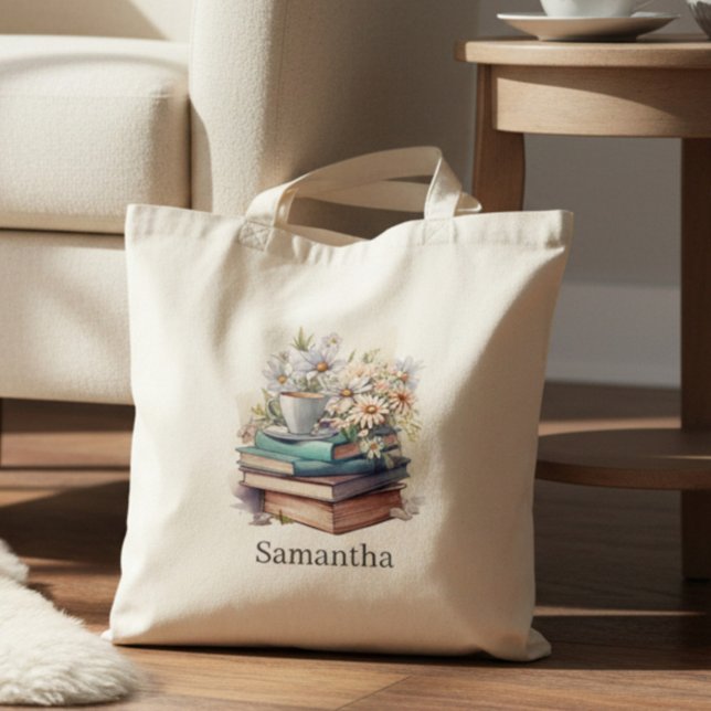 Bolsa Tote Personalized Floral Stacked Books (Criador carregado)