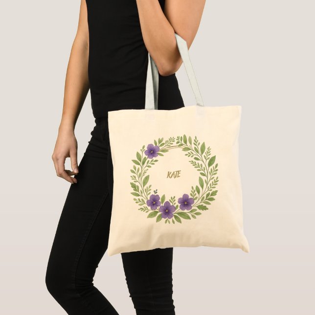 Bolsa Tote Personalized Floral Wreath Tote Bag – Custom Name  (Frente (produto))