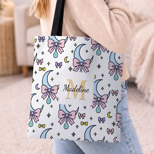 Bolsa Tote Personalized Girl Cute Bow Name Moons White (Criador carregado)
