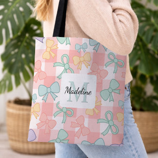 Bolsa Tote Personalized Girl Cute Bow Name Pastel Pink