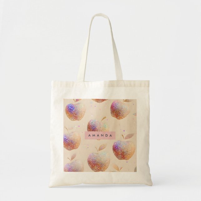 Bolsa Tote Personalized Glitter Apple Sparkle Fruit Pastel  (Frente)