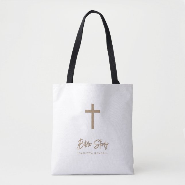 Bolsa Tote Personalized Gold Script White Bible Study (Frente)
