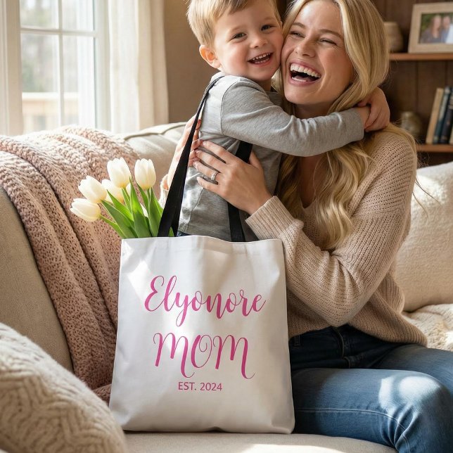 Bolsa Tote Personalized Mom Name Established Date Pink Script (Criador carregado)