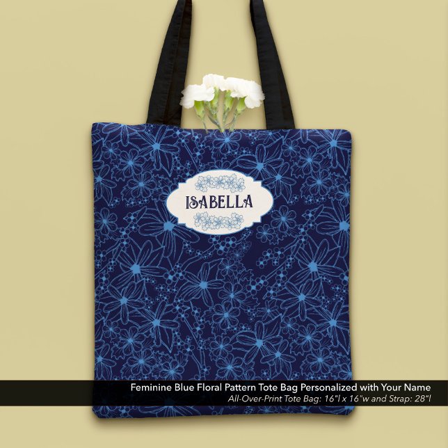 Bolsa Tote Personalized Name Feminine Blue Floral Pattern (Feminine Blue Floral Pattern Tote Bag–Personalized with Your Name)