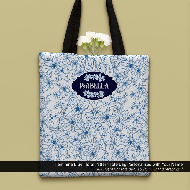Bolsa Tote Personalized Name Feminine Blue Floral Pattern (Feminine Blue Floral Pattern Tote Bag–Personalized with Your Name)