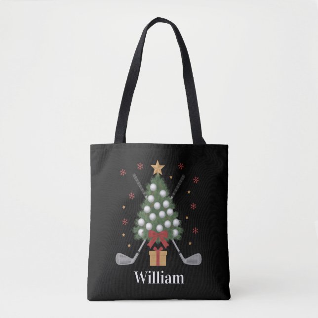 Bolsa Tote Personalized Name Golf Tree Equipment Christmas  (Frente)