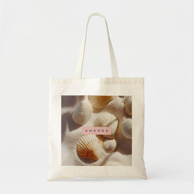 Bolsa Tote Personalized Pastel Coastal Seashells on Sand  (Frente)