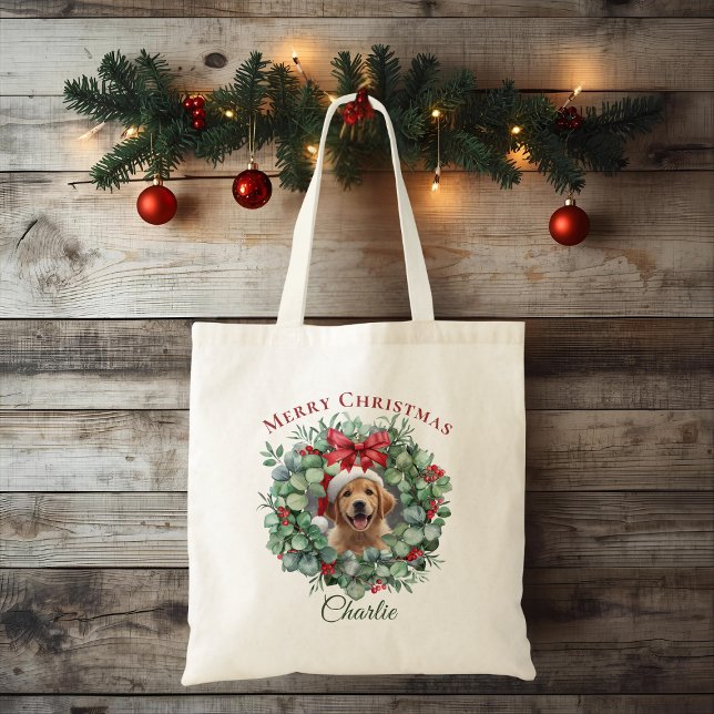 Bolsa Tote Personalized Pet Christmas with Wreath & Name Tote (Criador carregado)