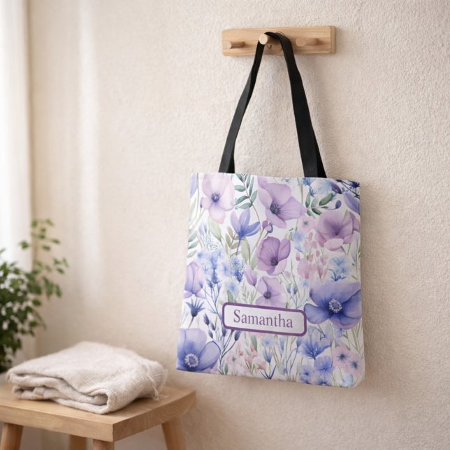 Bolsa Tote Personalized Purple Floral Name (Criador carregado)