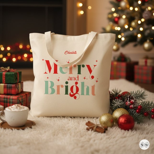 Bolsa Tote Personalized Retro Merry and Bright Christmas (Criador carregado)