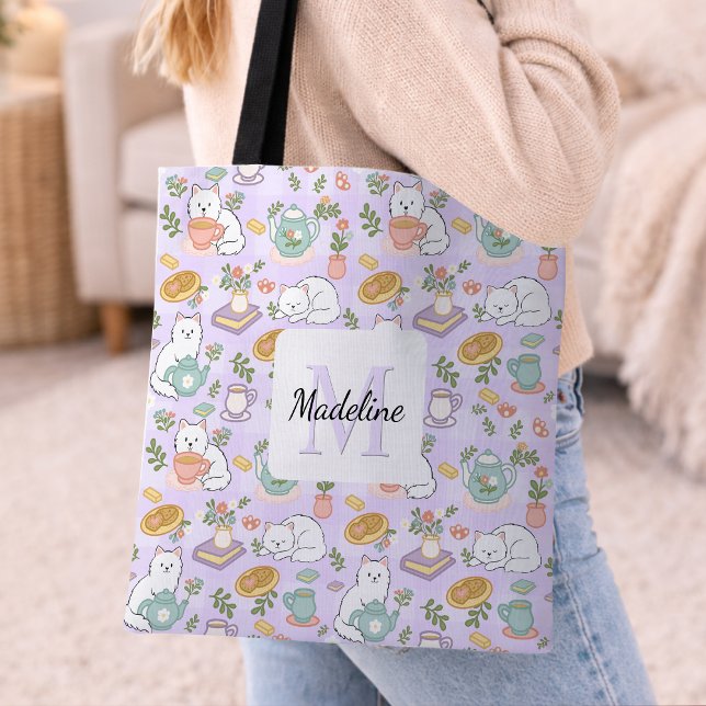 Bolsa Tote Personalized Tea & Bookish Cats Purple Girly (Criador carregado)