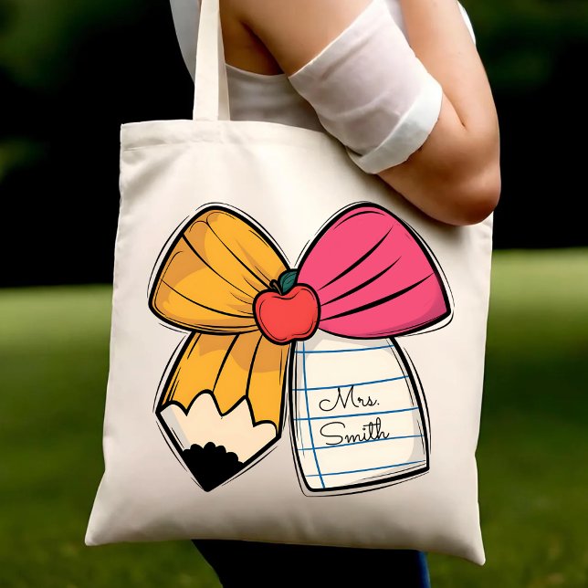Bolsa Tote Personalized Teacher Coquette Bow Teacher Name (Criador carregado)