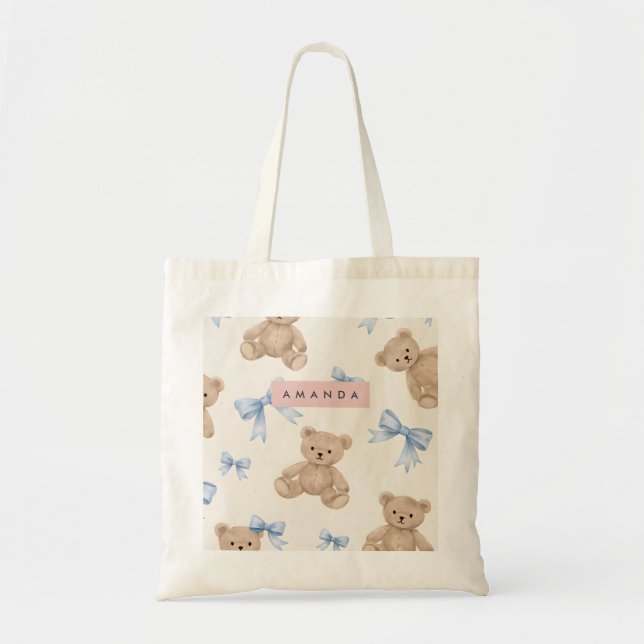 Bolsa Tote Personalized Teddy Bear & Blue Bow Pattern (Frente)