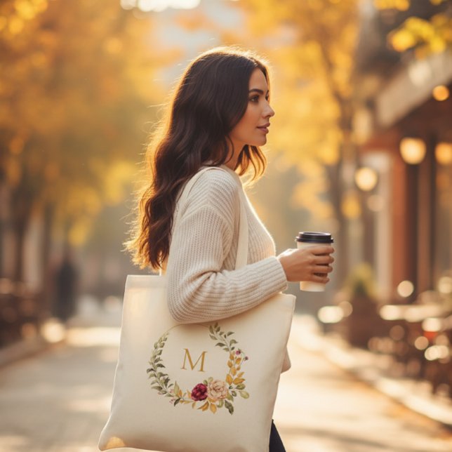 Bolsa Tote Personalized Tote Bag  Monogram Autumn Floral  (Criador carregado)