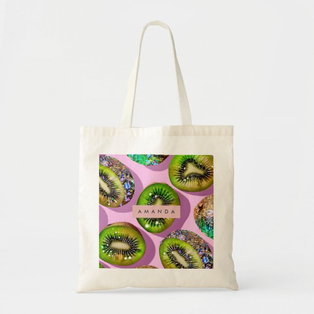 Bolsa Tote Personalized Vibrant Glitter Kiwi Pop Art Design (Frente)
