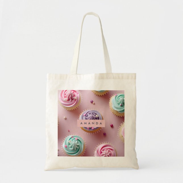 Bolsa Tote Personalized Whimsical Pastel Cupcake Swirl (Frente)