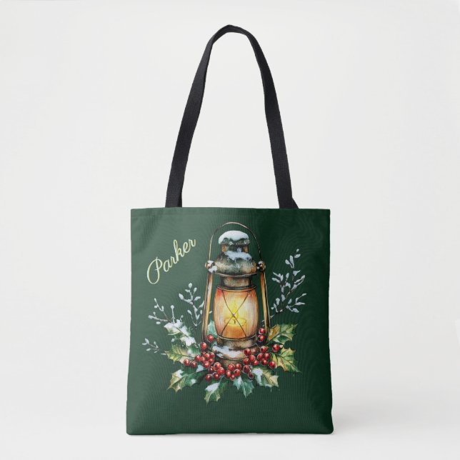 Bolsa Tote Personalized Winter Watercolor Holly & Berries (Frente)