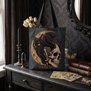 Bolsa Tote PersonalizeGato Preto Esqueleto Caveira Halloween
