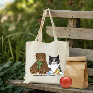 Bolsa Tote Pêssego Caprichoso Urso de Pelúcia Gato Cinza Engr
