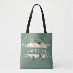 Bolsa Tote Pêssego e aquarela verde floral e folhagem