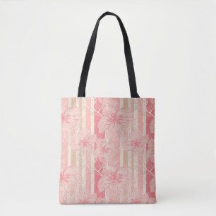 Bolsa Tote Pêssego-pricot padrão floral listrado cor-de-rosa