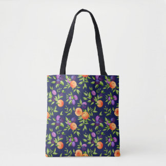 Bolsa Tote Pêssegos Ameixas Púrpura Fruta Cuta Padrão Botânic