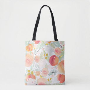 Bolsa Tote Pêssegos e Flores de Aquarela