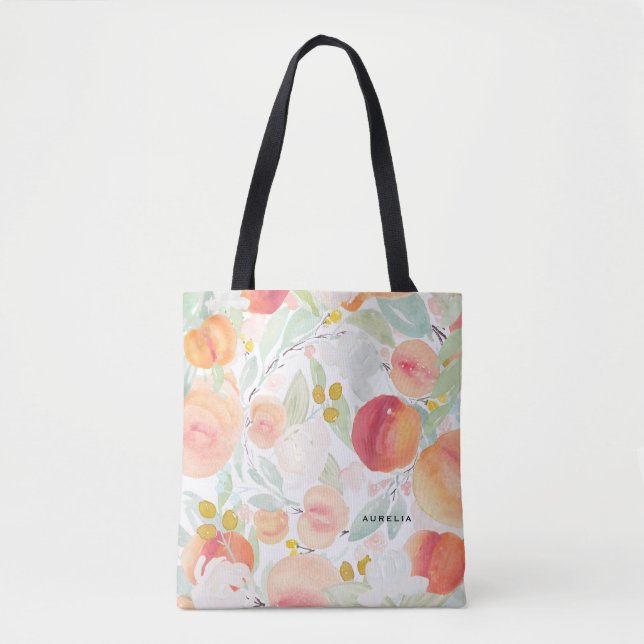 Bolsa Tote Pêssegos e Flores de Aquarela (Frente)