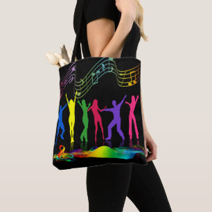 Bolsa Tote Pessoas de dança de neon com símbolos de música Bo