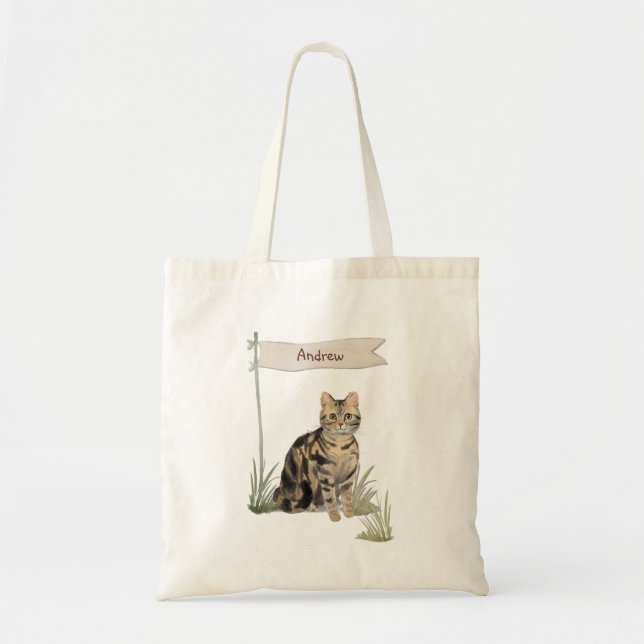 Bolsa Tote Pet Cat Tabby de Nome Personalizado (Frente)